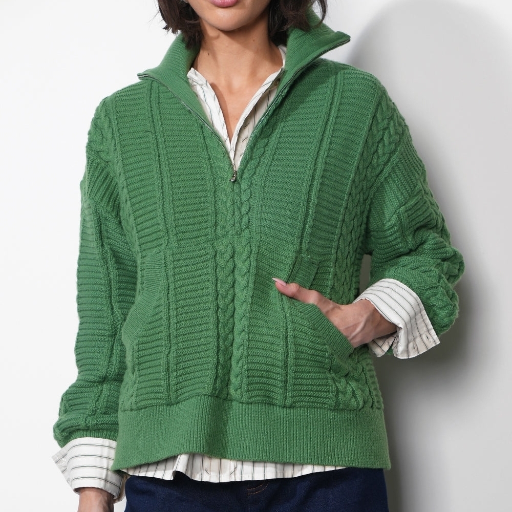 Greylin Forest Green Cable Knit Turtleneck Sweater Zipper Detail - Picture 4 of 6